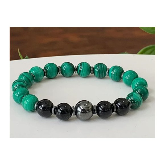 10mm Polished Malachite Black Onyx Hematite Protection Stretch Bracelet - Picture 3 of 9